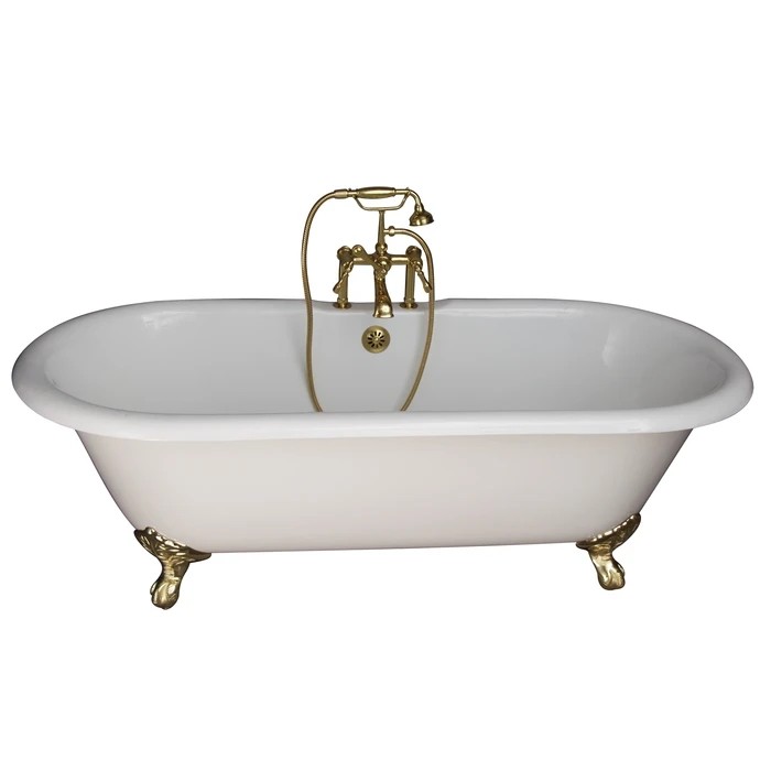 BARCLAY TKCTDRH61-PB4 COLUMBUS 60 INCH CAST IRON FREESTANDING CLAWFOOT SOAKER BATHTUB IN WHITE WITH METAL LEVER HANDLE TUB FILLER AND HAND SHOWER IN POLISHED BRASS