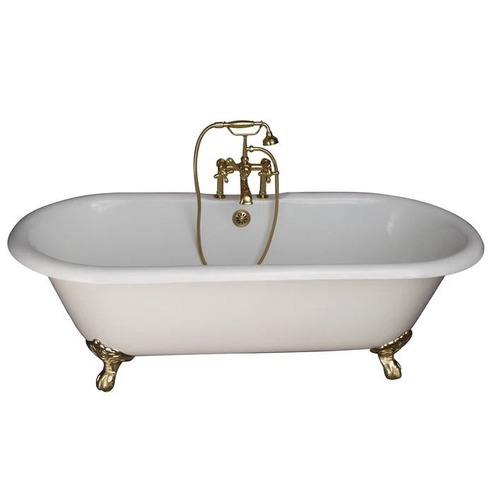 BARCLAY TKCTDRH61-PB5 COLUMBUS 60 INCH CAST IRON FREESTANDING CLAWFOOT SOAKER BATHTUB IN WHITE WITH METAL CROSS HANDLE TUB FILLER AND HAND SHOWER IN POLISHED BRASS