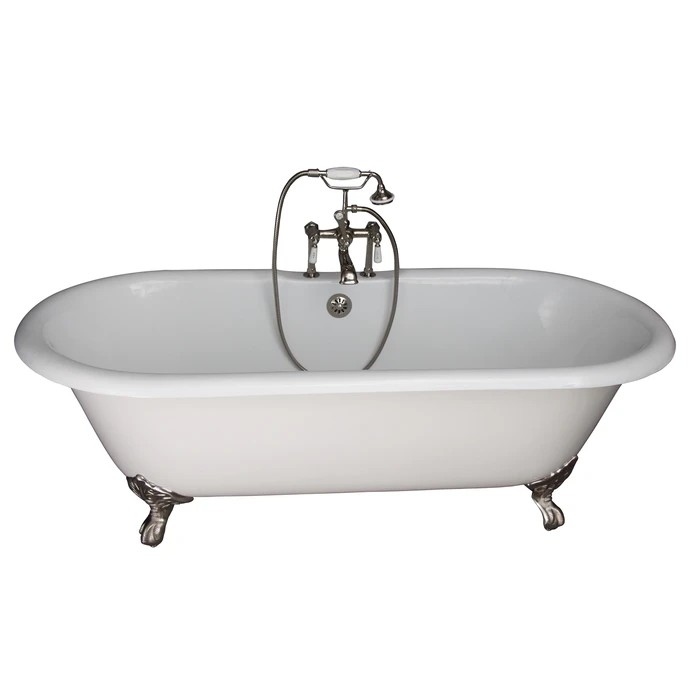 BARCLAY TKCTDRH61-PN1 COLUMBUS 60 INCH CAST IRON FREESTANDING CLAWFOOT SOAKER BATHTUB IN WHITE WITH PORCELAIN LEVER HANDLE TUB FILLER AND HAND SHOWER IN POLISHED NICKEL