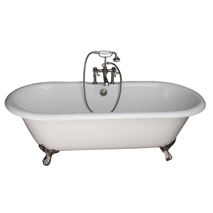 BARCLAY TKCTDRH61-PN2 COLUMBUS 60 INCH CAST IRON FREESTANDING CLAWFOOT SOAKER BATHTUB IN WHITE WITH METAL CROSS HANDLE TUB FILLER AND HAND SHOWER IN POLISHED NICKEL