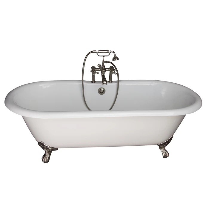 BARCLAY TKCTDRH61-PN5 COLUMBUS 60 INCH CAST IRON FREESTANDING CLAWFOOT SOAKER BATHTUB IN WHITE WITH METAL CROSS HANDLE TUB FILLER AND HAND SHOWER IN POLISHED NICKEL