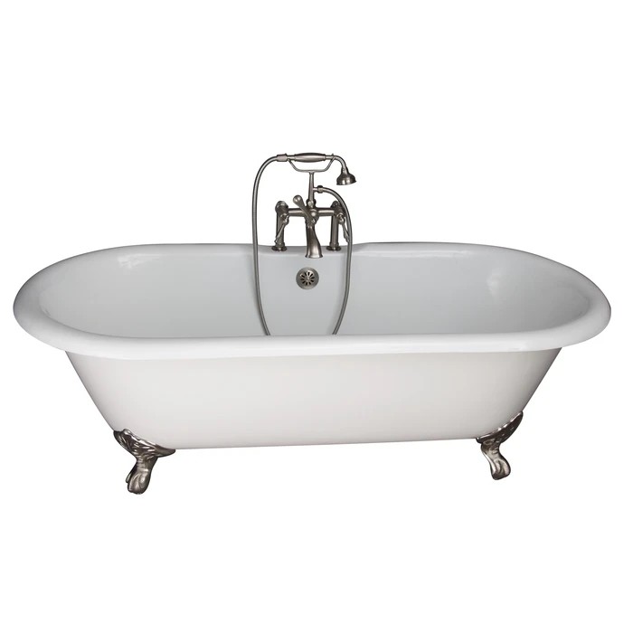 BARCLAY TKCTDRH61-SN3 COLUMBUS 60 INCH CAST IRON FREESTANDING CLAWFOOT SOAKER BATHTUB IN WHITE WITH FINIAL METAL LEVER HANDLE TUB FILLER AND HAND SHOWER IN BRUSHED NICKEL