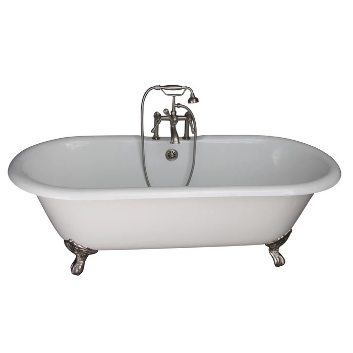 BARCLAY TKCTDRH61-SN4 COLUMBUS 60 INCH CAST IRON FREESTANDING CLAWFOOT SOAKER BATHTUB IN WHITE WITH METAL LEVER HANDLE TUB FILLER AND HAND SHOWER IN BRUSHED NICKEL