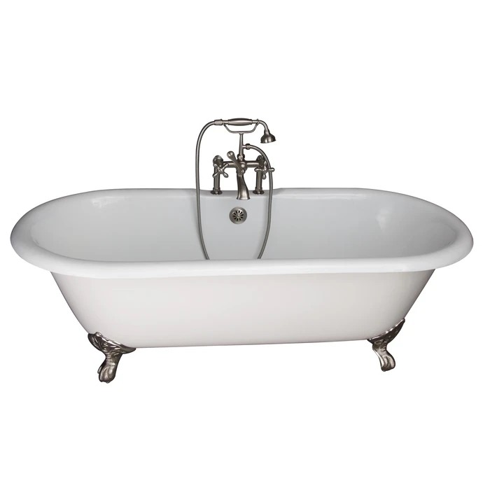 BARCLAY TKCTDRH61-SN5 COLUMBUS 60 INCH CAST IRON FREESTANDING CLAWFOOT SOAKER BATHTUB IN WHITE WITH METAL CROSS HANDLE TUB FILLER AND HAND SHOWER IN BRUSHED NICKEL