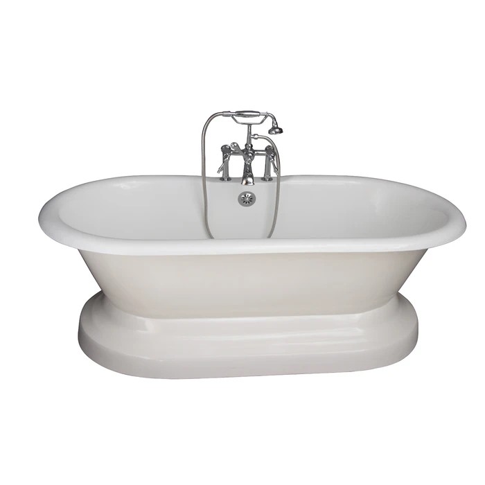 BARCLAY TKCTDRH61B-CP3 COLUMBUS 61 INCH CAST IRON FREESTANDING SOAKER BATHTUB IN WHITE WITH FINIAL METAL LEVER HANDLE TUB FILLER AND HAND SHOWER IN POLISHED CHROME