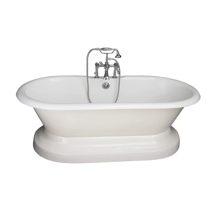 BARCLAY TKCTDRH61B-CP4 COLUMBUS 61 INCH CAST IRON FREESTANDING SOAKER BATHTUB IN WHITE WITH METAL LEVER HANDLE TUB FILLER AND HAND SHOWER IN POLISHED CHROME