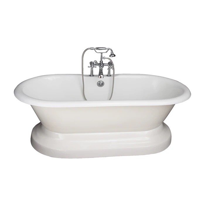 BARCLAY TKCTDRH61B-CP5 COLUMBUS 61 INCH CAST IRON FREESTANDING SOAKER BATHTUB IN WHITE WITH METAL CROSS HANDLE TUB FILLER AND HAND SHOWER IN POLISHED CHROME