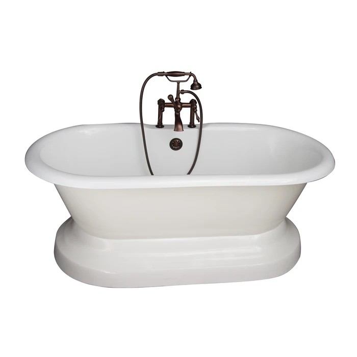 BARCLAY TKCTDRH61B-ORB3 COLUMBUS 61 INCH CAST IRON FREESTANDING SOAKER BATHTUB IN WHITE WITH FINIAL METAL LEVER HANDLE TUB FILLER AND HAND SHOWER IN OIL RUBBED BRONZE