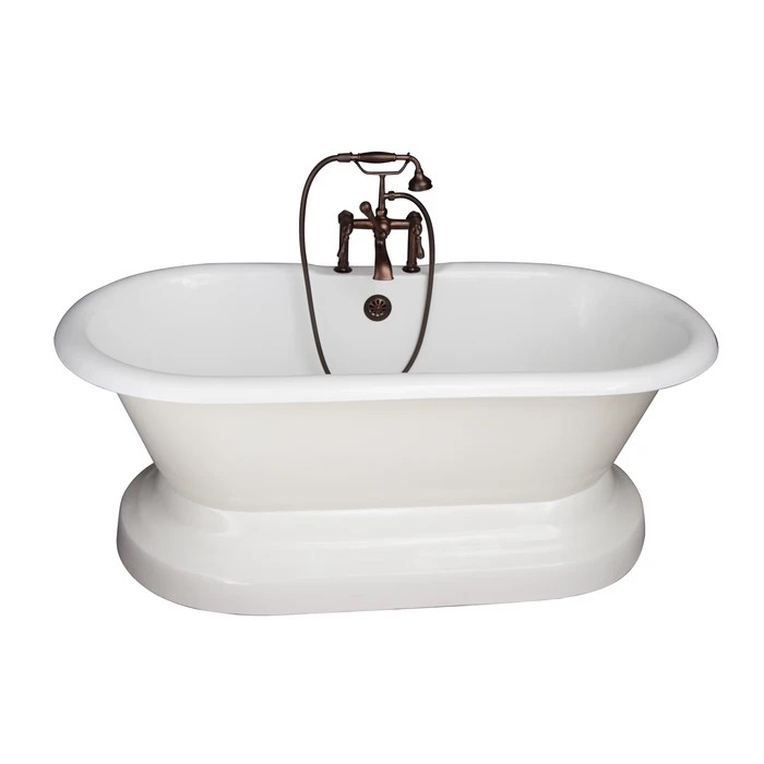 BARCLAY TKCTDRH61B-ORB4 COLUMBUS 61 INCH CAST IRON FREESTANDING SOAKER BATHTUB IN WHITE WITH METAL LEVER HANDLE TUB FILLER AND HAND SHOWER IN OIL RUBBED BRONZE