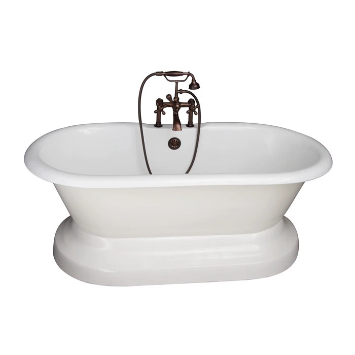 BARCLAY TKCTDRH61B-ORB5 COLUMBUS 61 INCH CAST IRON FREESTANDING SOAKER BATHTUB IN WHITE WITH METAL CROSS HANDLE TUB FILLER AND HAND SHOWER IN OIL RUBBED BRONZE