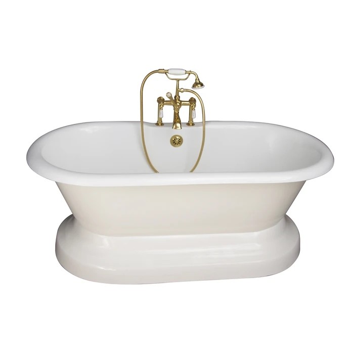 BARCLAY TKCTDRH61B-PB1 COLUMBUS 61 INCH CAST IRON FREESTANDING SOAKER BATHTUB IN WHITE WITH PORCELAIN LEVER HANDLE TUB FILLER AND HAND SHOWER IN POLISHED BRASS