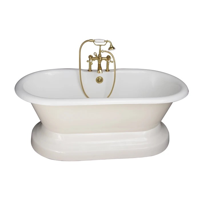 BARCLAY TKCTDRH61B-PB2 COLUMBUS 61 INCH CAST IRON FREESTANDING SOAKER BATHTUB IN WHITE WITH METAL CROSS HANDLE TUB FILLER AND HAND SHOWER IN POLISHED BRASS