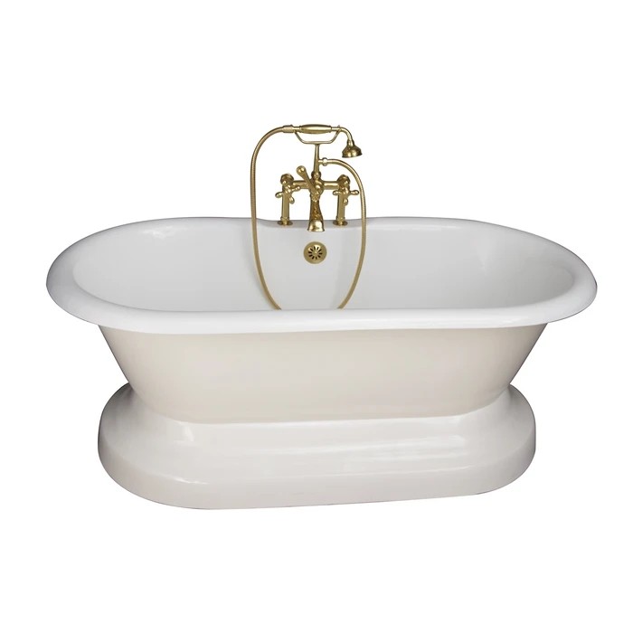 BARCLAY TKCTDRH61B-PB5 COLUMBUS 61 INCH CAST IRON FREESTANDING SOAKER BATHTUB IN WHITE WITH METAL CROSS HANDLE TUB FILLER AND HAND SHOWER IN POLISHED BRASS