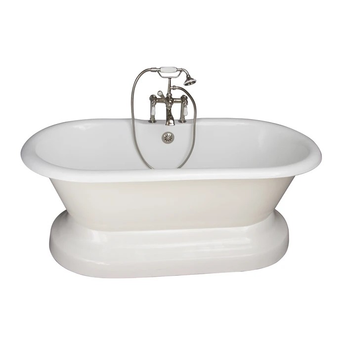 BARCLAY TKCTDRH61B-PN1 COLUMBUS 61 INCH CAST IRON FREESTANDING SOAKER BATHTUB IN WHITE WITH PORCELAIN LEVER HANDLE TUB FILLER AND HAND SHOWER IN POLISHED NICKEL