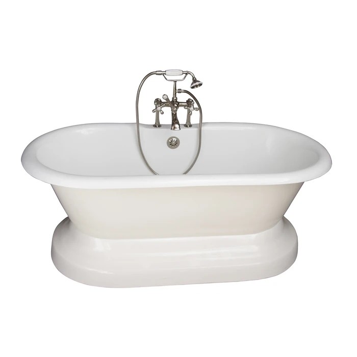 BARCLAY TKCTDRH61B-PN2 COLUMBUS 61 INCH CAST IRON FREESTANDING SOAKER BATHTUB IN WHITE WITH METAL CROSS HANDLE TUB FILLER AND HAND SHOWER IN POLISHED NICKEL