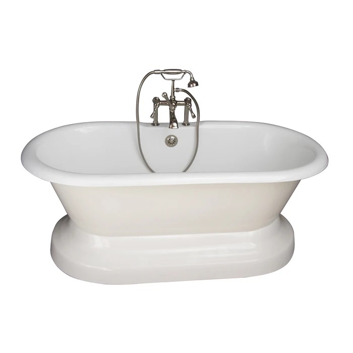 BARCLAY TKCTDRH61B-PN4 COLUMBUS 61 INCH CAST IRON FREESTANDING SOAKER BATHTUB IN WHITE WITH METAL LEVER HANDLE TUB FILLER AND HAND SHOWER IN POLISHED NICKEL