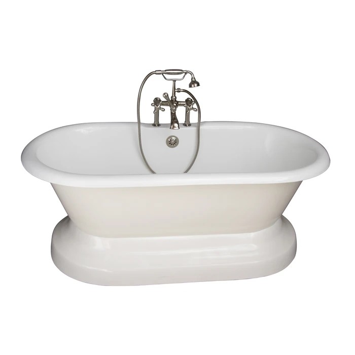 BARCLAY TKCTDRH61B-PN5 COLUMBUS 61 INCH CAST IRON FREESTANDING SOAKER BATHTUB IN WHITE WITH METAL CROSS HANDLE TUB FILLER AND HAND SHOWER IN POLISHED NICKEL
