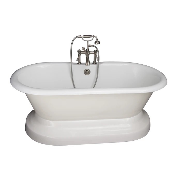BARCLAY TKCTDRH61B-SN3 COLUMBUS 61 INCH CAST IRON FREESTANDING SOAKER BATHTUB IN WHITE WITH FINIAL METAL LEVER HANDLE TUB FILLER AND HAND SHOWER IN BRUSHED NICKEL