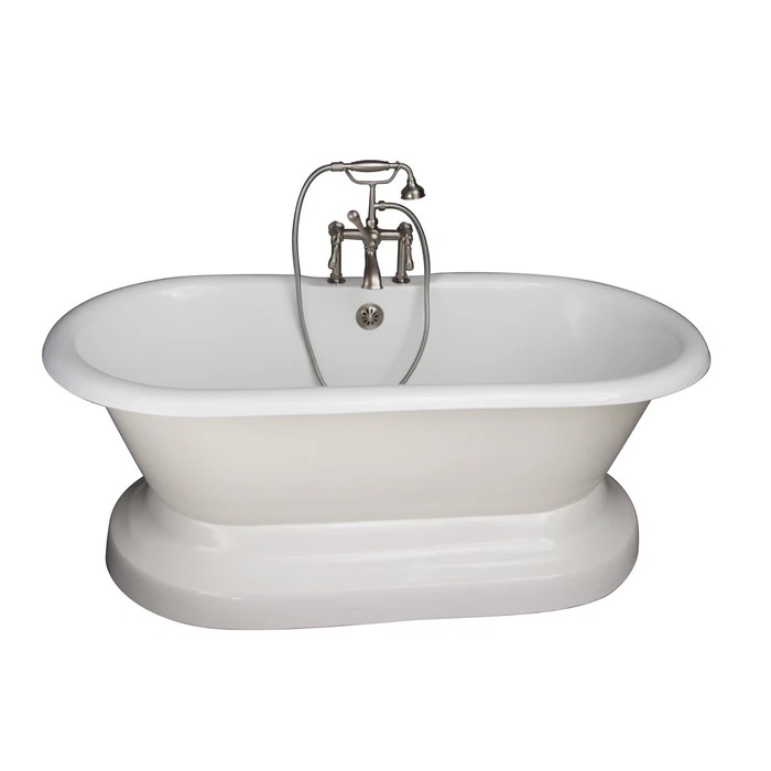 BARCLAY TKCTDRH61B-SN4 COLUMBUS 61 INCH CAST IRON FREESTANDING SOAKER BATHTUB IN WHITE WITH METAL LEVER HANDLE TUB FILLER AND HAND SHOWER IN BRUSHED NICKEL