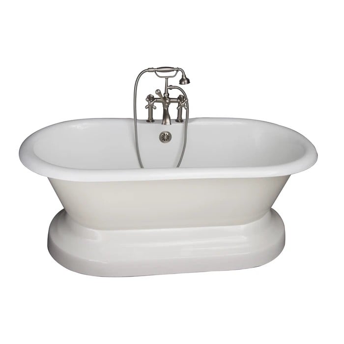 BARCLAY TKCTDRH61B-SN5 COLUMBUS 61 INCH CAST IRON FREESTANDING SOAKER BATHTUB IN WHITE WITH METAL CROSS HANDLE TUB FILLER AND HAND SHOWER IN BRUSHED NICKEL