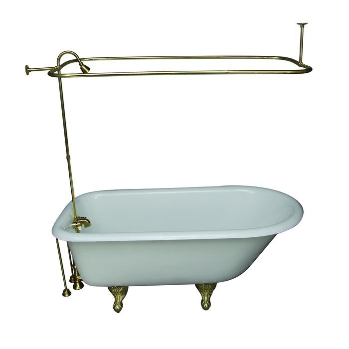 BARCLAY TKCTR60-PB1 BARTLETT 60 3/4 INCH CAST IRON FREESTANDING CLAWFOOT SOAKER BATHTUB IN WHITE WITH METAL LEVER TUB FILLER AND 3/4 INCH RECTANGULAR SHOWER UNIT IN POLISHED BRASS