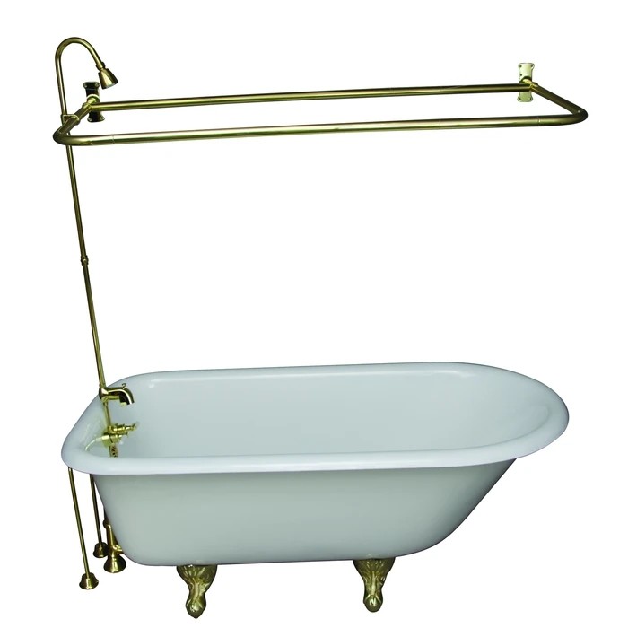 BARCLAY TKCTR60-PB2 BARTLETT 60 3/4 INCH CAST IRON FREESTANDING CLAWFOOT SOAKER BATHTUB IN WHITE WITH METAL LEVER TUB FILLER AND 1 INCH RECTANGULAR SHOWER UNIT IN POLISHED BRASS