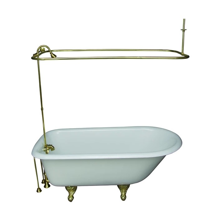 BARCLAY TKCTR60-PB3 BARTLETT 60 3/4 INCH CAST IRON FREESTANDING CLAWFOOT SOAKER BATHTUB IN WHITE WITH METAL LEVER TUB FILLER AND 3/4 INCH RECTANGULAR SHOWER UNIT SIDE WALL SUPPORT IN POLISHED BRASS