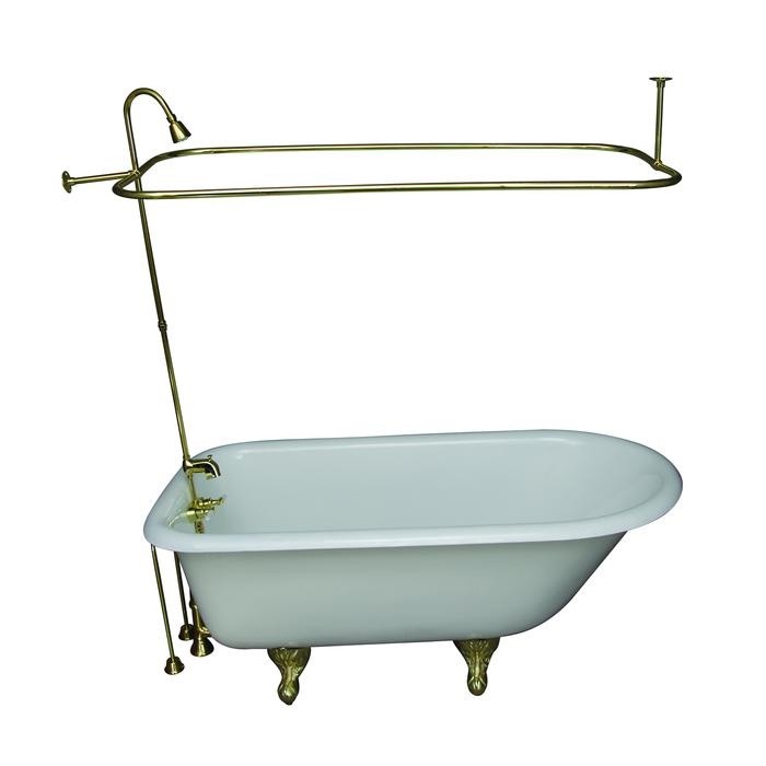 BARCLAY TKCTR60-PB4 BARTLETT 60 3/4 INCH CAST IRON FREESTANDING CLAWFOOT SOAKER BATHTUB IN WHITE WITH METAL LEVER TUB FILLER AND 3/4 INCH RECTANGULAR SHOWER UNIT IN POLISHED BRASS