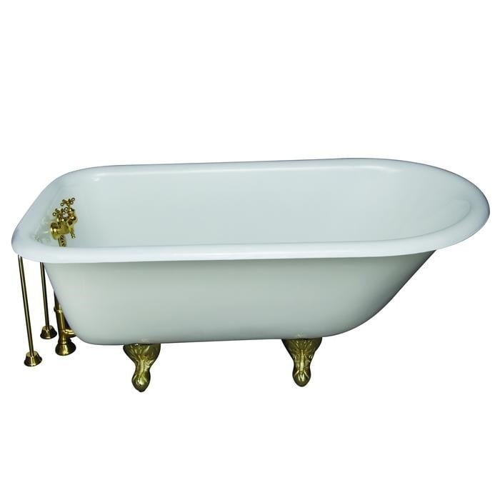 BARCLAY TKCTR60-PB5 BARTLETT 60 3/4 INCH CAST IRON FREESTANDING CLAWFOOT SOAKER BATHTUB IN WHITE WITH METAL CROSS HANDLE TUB FILLER IN POLISHED BRASS