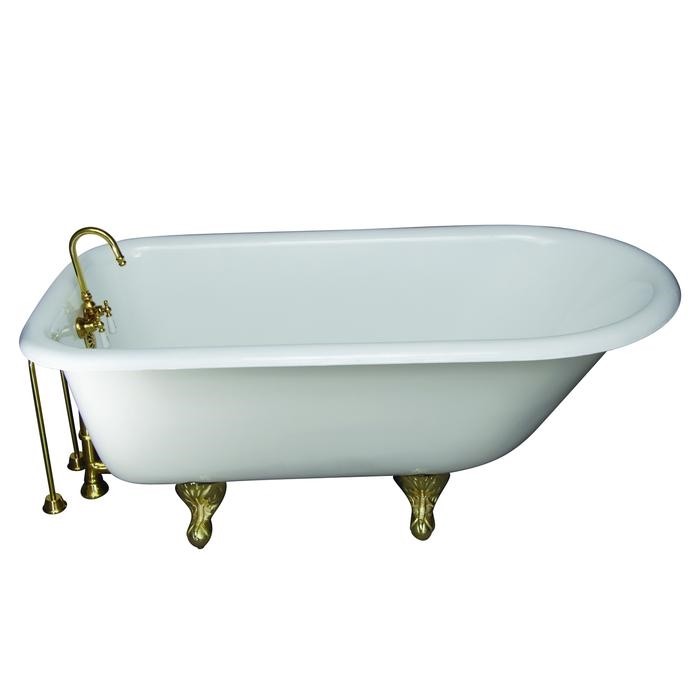 BARCLAY TKCTR60-PB7 BARTLETT 60 3/4 INCH CAST IRON FREESTANDING CLAWFOOT SOAKER BATHTUB IN WHITE WITH PORCELAIN LEVER HANDLE TUB FILLER IN POLISHED BRASS