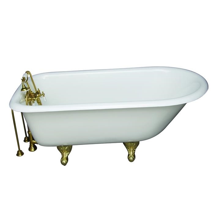 BARCLAY TKCTR60-PB9 BARTLETT 60 3/4 INCH CAST IRON FREESTANDING CLAWFOOT SOAKER BATHTUB IN WHITE WITH PORCELAIN LEVER OLD STYLE SPIGOT TUB FILLER AND HAND SHOWER IN POLISHED BRASS