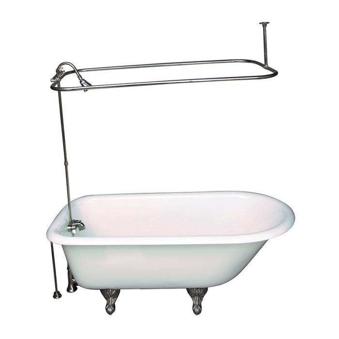 BARCLAY TKCTR60-PN3 BARTLETT 60 3/4 INCH CAST IRON FREESTANDING CLAWFOOT SOAKER BATHTUB IN WHITE WITH METAL LEVER TUB FILLER AND 3/4 INCH RECTANGULAR SHOWER UNIT SIDE WALL SUPPORT IN POLISHED NICKEL
