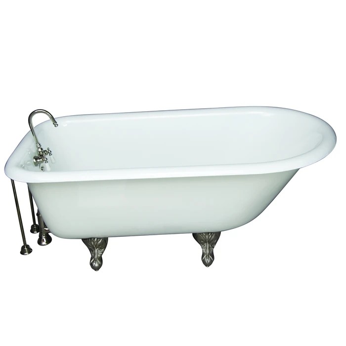BARCLAY TKCTR60-PN6 BARTLETT 60 3/4 INCH CAST IRON FREESTANDING CLAWFOOT SOAKER BATHTUB IN WHITE WITH PORCELAIN LEVER HANDLE TUB FILLER IN POLISHED NICKEL