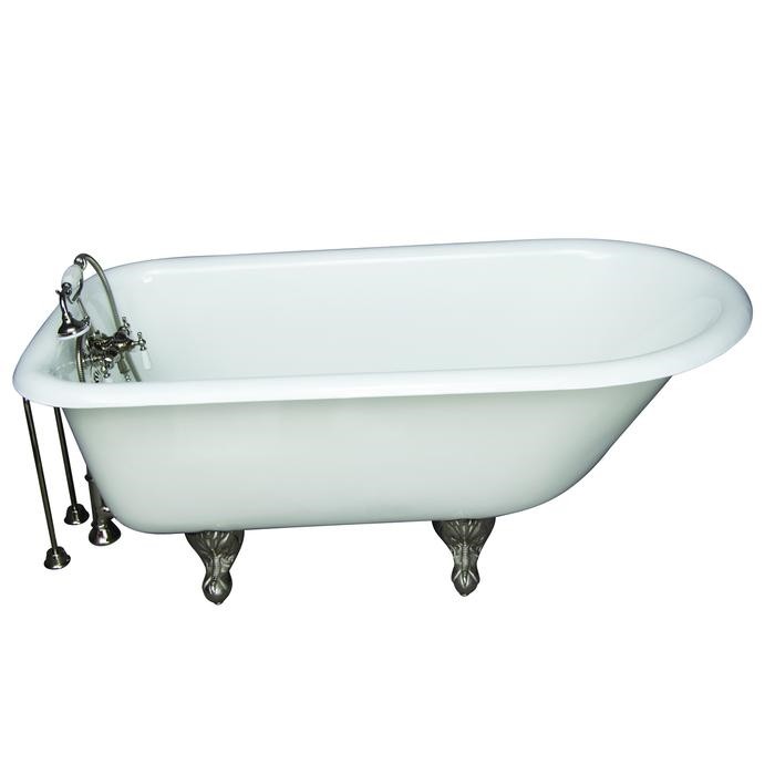BARCLAY TKCTR60-PN8 BARTLETT 60 3/4 INCH CAST IRON FREESTANDING CLAWFOOT SOAKER BATHTUB IN WHITE WITH PORCELAIN LEVER OLD STYLE SPIGOT TUB FILLER AND HAND SHOWER IN POLISHED NICKEL