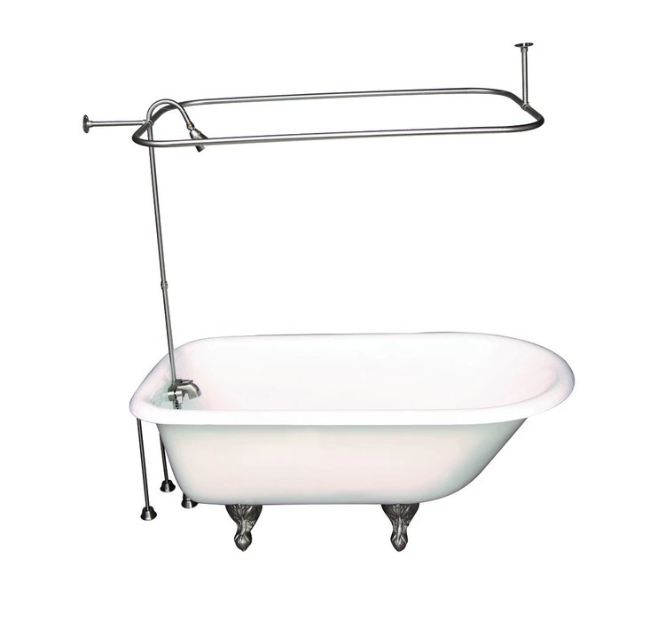 BARCLAY TKCTR60-SN5 BARTLETT 60 3/4 INCH CAST IRON FREESTANDING CLAWFOOT SOAKER BATHTUB IN WHITE WITH METAL LEVER TUB FILLER AND 3/4 INCH RECTANGULAR SHOWER UNIT IN BRUSHED NICKEL