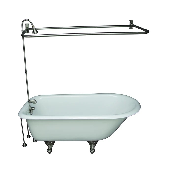 BARCLAY TKCTR60-SN6 BARTLETT 60 3/4 INCH CAST IRON FREESTANDING CLAWFOOT SOAKER BATHTUB IN WHITE WITH METAL LEVER TUB FILLER AND 1 INCH RECTANGULAR SHOWER UNIT IN BRUSHED NICKEL