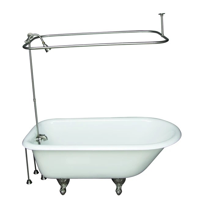 BARCLAY TKCTR60-SN7 BARTLETT 60 3/4 INCH CAST IRON FREESTANDING CLAWFOOT SOAKER BATHTUB IN WHITE WITH METAL LEVER TUB FILLER AND 3/4 INCH RECTANGULAR SHOWER UNIT SIDE WALL SUPPORT IN BRUSHED NICKEL