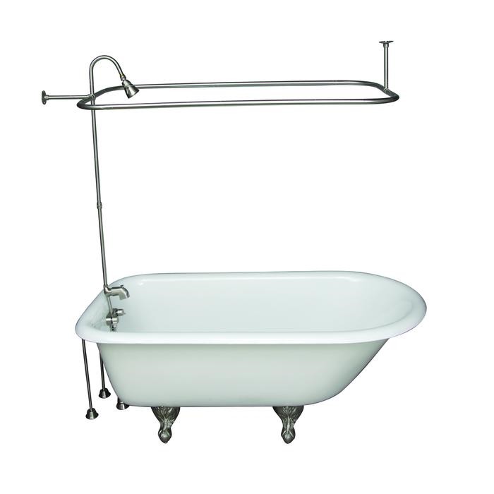 BARCLAY TKCTR60-SN8 BARTLETT 60 3/4 INCH CAST IRON FREESTANDING CLAWFOOT SOAKER BATHTUB IN WHITE WITH METAL LEVER TUB FILLER AND 3/4 INCH RECTANGULAR SHOWER UNIT IN BRUSHED NICKEL