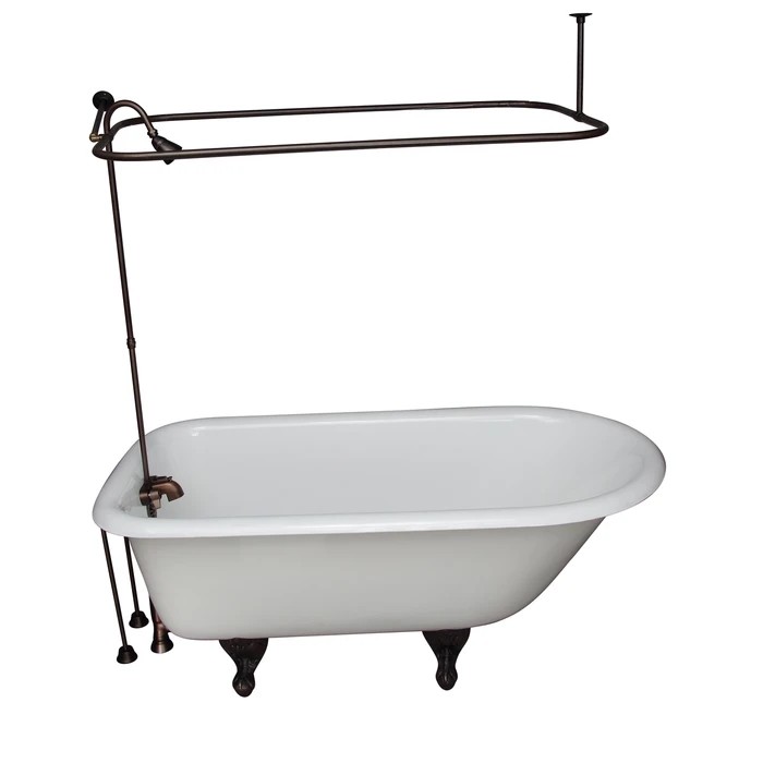 BARCLAY TKCTR67-ORB5 BROCTON 68 INCH CAST IRON FREESTANDING CLAWFOOT SOAKER BATHTUB IN WHITE WITH METAL LEVER TUB FILLER AND 3/4 INCH RECTANGULAR SHOWER UNIT SIDE WALL SUPPORT IN OIL RUBBED BRONZE