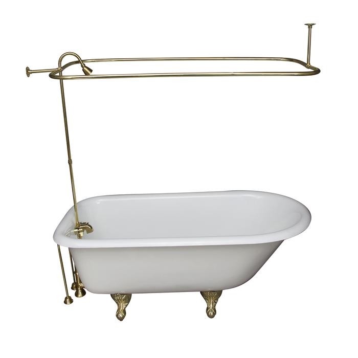 BARCLAY TKCTR67-PB1 BROCTON 68 INCH CAST IRON FREESTANDING CLAWFOOT SOAKER BATHTUB IN WHITE WITH METAL LEVER TUB FILLER AND 3/4 INCH RECTANGULAR SHOWER UNIT IN POLISHED BRASS
