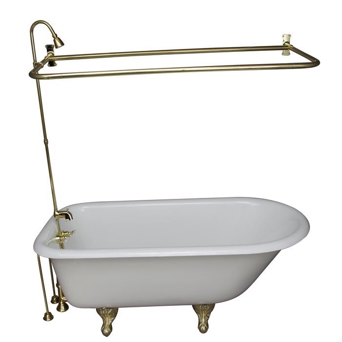 BARCLAY TKCTR67-PB3 BROCTON 68 INCH CAST IRON FREESTANDING CLAWFOOT SOAKER BATHTUB IN WHITE WITH METAL LEVER TUB FILLER AND 3/4 INCH RECTANGULAR SHOWER UNIT SIDE WALL SUPPORT IN POLISHED BRASS