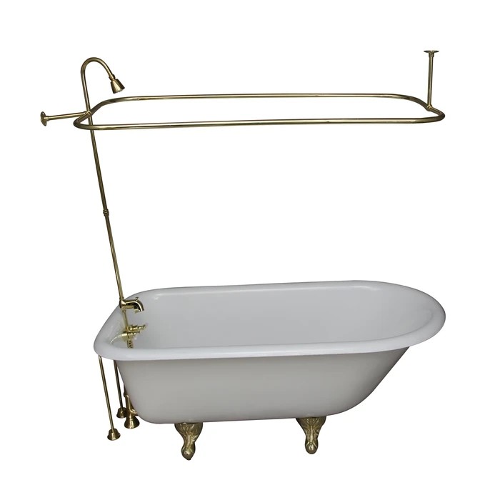 BARCLAY TKCTR67-PB4 BROCTON 68 INCH CAST IRON FREESTANDING CLAWFOOT SOAKER BATHTUB IN WHITE WITH METAL LEVER TUB FILLER AND 3/4 INCH RECTANGULAR SHOWER UNIT IN POLISHED BRASS