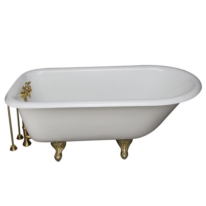 BARCLAY TKCTR67-PB5 BROCTON 68 INCH CAST IRON FREESTANDING CLAWFOOT SOAKER BATHTUB IN WHITE WITH METAL CROSS HANDLE TUB FILLER IN POLISHED BRASS