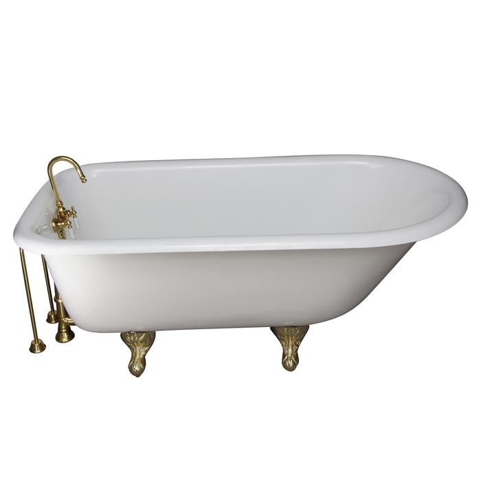 BARCLAY TKCTR67-PB7 BROCTON 68 INCH CAST IRON FREESTANDING CLAWFOOT SOAKER BATHTUB IN WHITE WITH PORCELAIN LEVER HANDLE TUB FILLER IN POLISHED BRASS