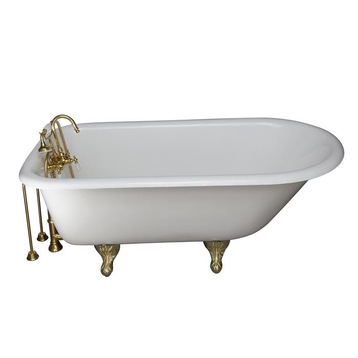BARCLAY TKCTR67-PB8 BROCTON 68 INCH CAST IRON FREESTANDING CLAWFOOT SOAKER BATHTUB IN WHITE WITH PORCELAIN LEVER HANDLE TUB FILLER AND HAND SHOWER IN POLISHED BRASS