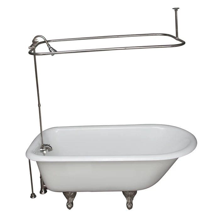 BARCLAY TKCTR67-PN3 BROCTON 68 INCH CAST IRON FREESTANDING CLAWFOOT SOAKER BATHTUB IN WHITE WITH METAL LEVER TUB FILLER AND 3/4 INCH RECTANGULAR SHOWER SIDE WALL SUPPORT UNIT IN POLISHED NICKEL