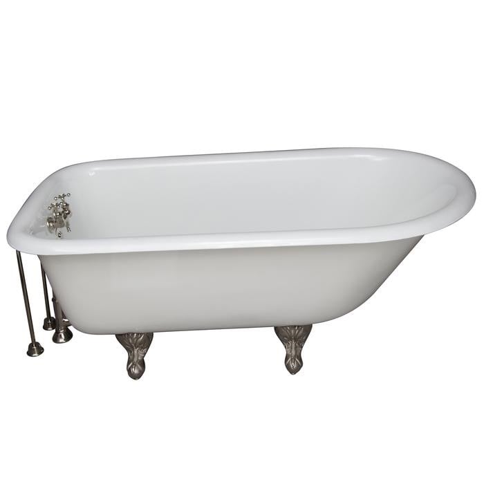 BARCLAY TKCTR67-PN5 BROCTON 68 INCH CAST IRON FREESTANDING CLAWFOOT SOAKER BATHTUB IN WHITE WITH METAL CROSS HANDLE TUB FILLER IN POLISHED NICKEL