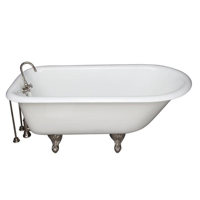 BARCLAY TKCTR67-PN6 BROCTON 68 INCH CAST IRON FREESTANDING CLAWFOOT SOAKER BATHTUB IN WHITE WITH PORCELAIN LEVER HANDLE TUB FILLER IN POLISHED NICKEL