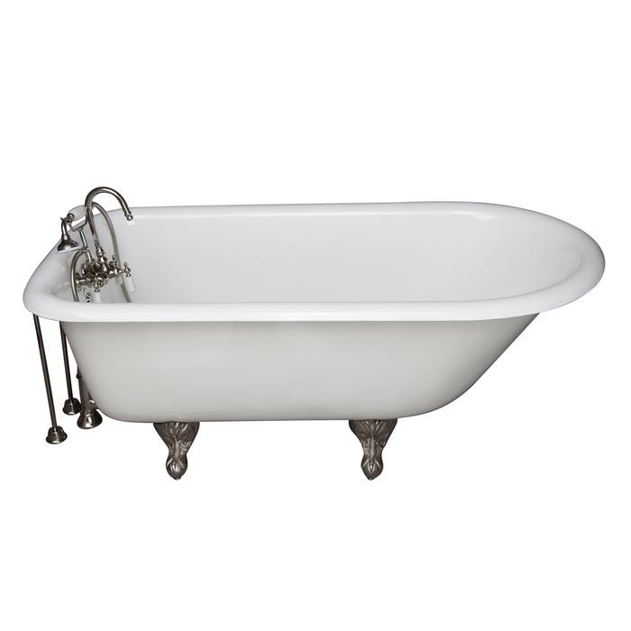 BARCLAY TKCTR67-PN7 BROCTON 68 INCH CAST IRON FREESTANDING CLAWFOOT SOAKER BATHTUB IN WHITE WITH PORCELAIN LEVER HANDLE TUB FILLER AND HAND SHOWER IN POLISHED NICKEL