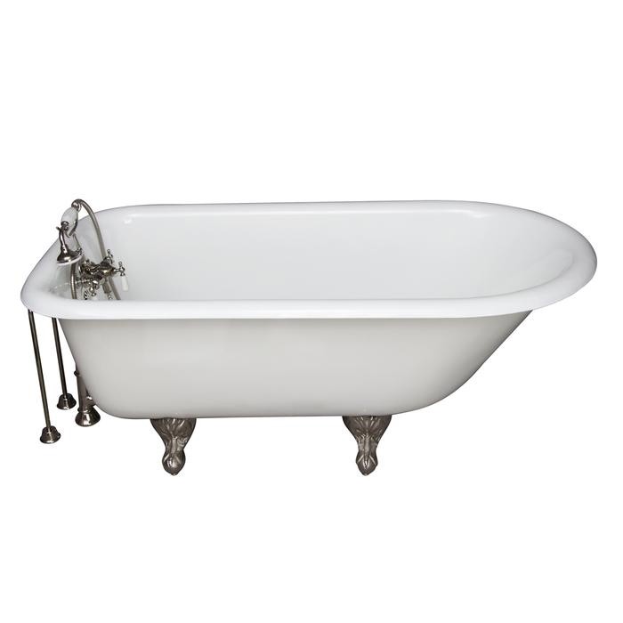 BARCLAY TKCTR67-PN8 BROCTON 68 INCH CAST IRON FREESTANDING CLAWFOOT SOAKER BATHTUB IN WHITE WITH PORCELAIN LEVER OLD STYLE SPIGOT TUB FILLER AND HAND SHOWER IN POLISHED NICKEL